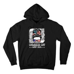 Childless Cat Lady 2024 Groovy Messy Bun American Flag Tall Hoodie