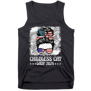 Childless Cat Lady 2024 Groovy Messy Bun American Flag Tank Top