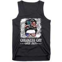 Childless Cat Lady 2024 Groovy Messy Bun American Flag Tank Top