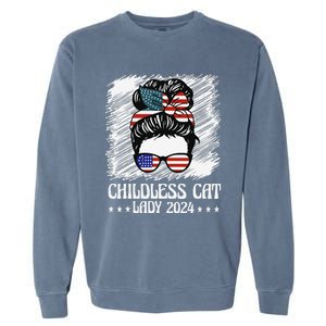 Childless Cat Lady 2024 Groovy Messy Bun American Flag Garment-Dyed Sweatshirt