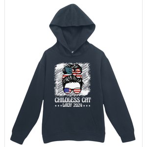 Childless Cat Lady 2024 Groovy Messy Bun American Flag Urban Pullover Hoodie