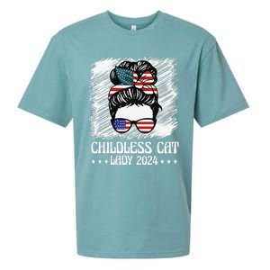 Childless Cat Lady 2024 Groovy Messy Bun American Flag Sueded Cloud Jersey T-Shirt