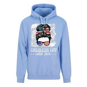 Childless Cat Lady 2024 Groovy Messy Bun American Flag Unisex Surf Hoodie