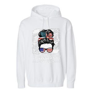 Childless Cat Lady 2024 Groovy Messy Bun American Flag Garment-Dyed Fleece Hoodie