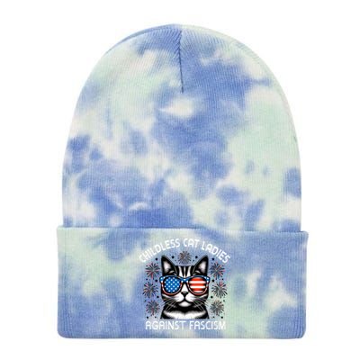 Childless Cat Ladies Against Fascism  Vote For Kamala Tie Dye 12in Knit Beanie