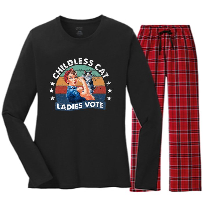 Childless Cat Ladies Vote Rosie The Riveter Vintage Women's Long Sleeve Flannel Pajama Set 