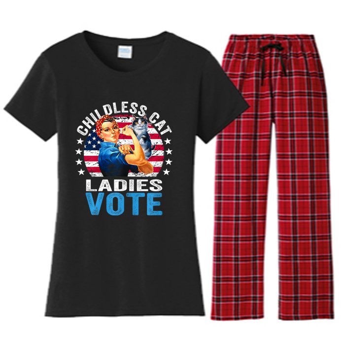 Childless Cat Ladies Vote Funny Vintage Rosie The Riveter Women's Flannel Pajama Set