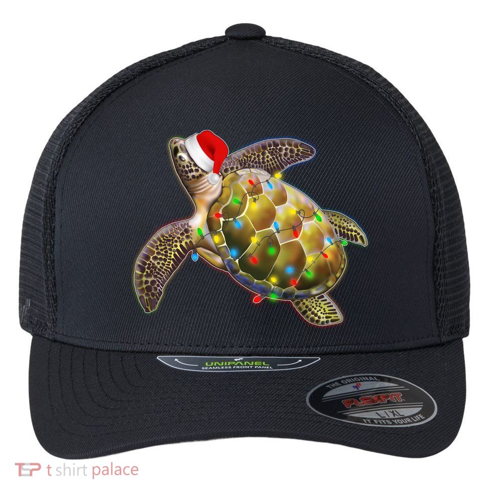 Cute Christmas Lights Santa Sea Turtle Flexfit Unipanel Trucker Cap