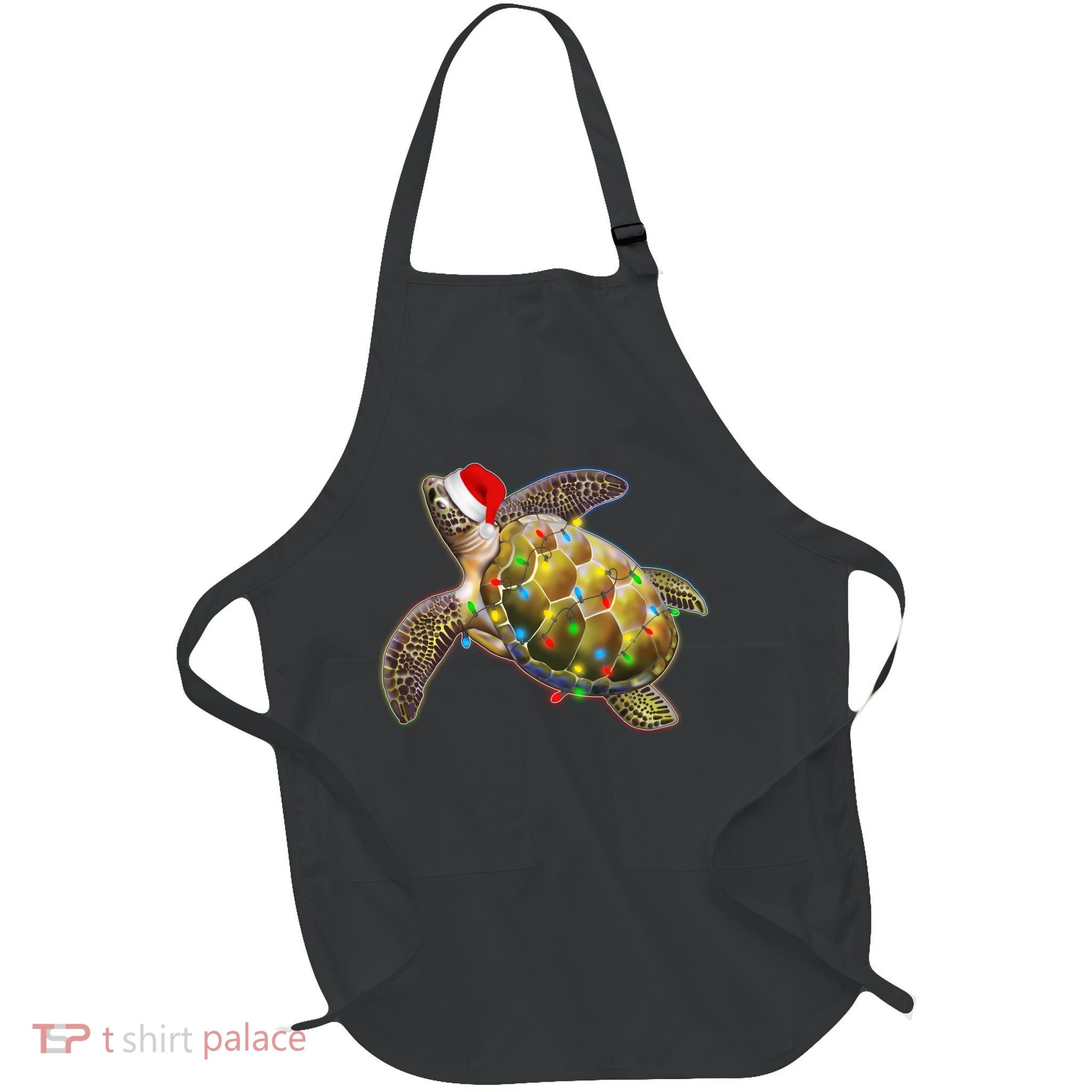 Cute Christmas Lights Santa Sea Turtle Full-Length Apron With Pockets