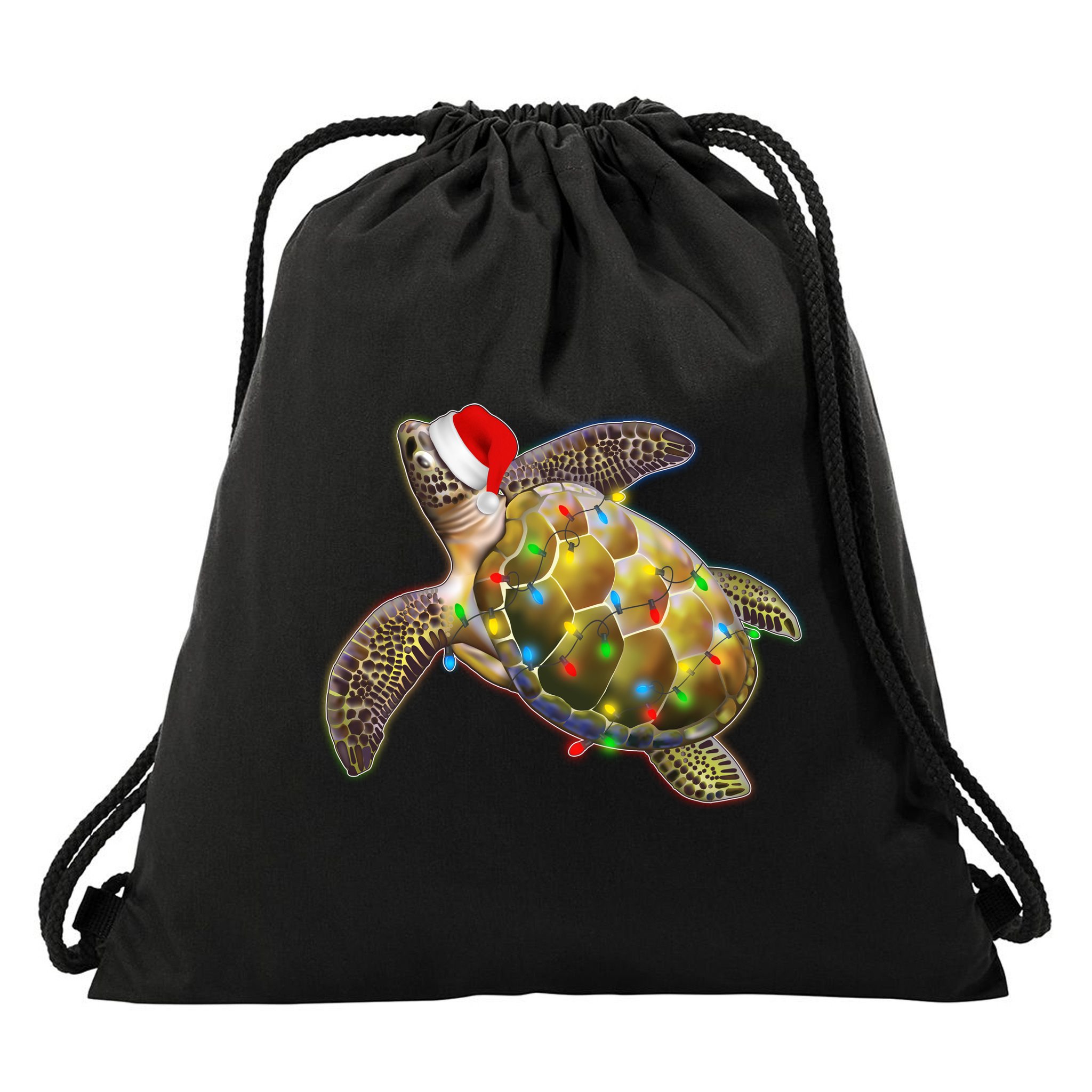 Cute Christmas Lights Santa Sea Turtle Drawstring Bag