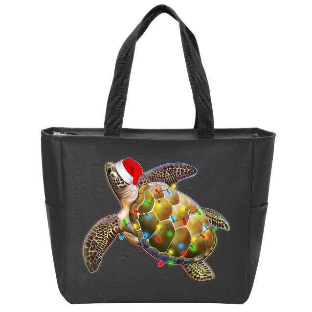 Cute Christmas Lights Santa Sea Turtle Zip Tote Bag