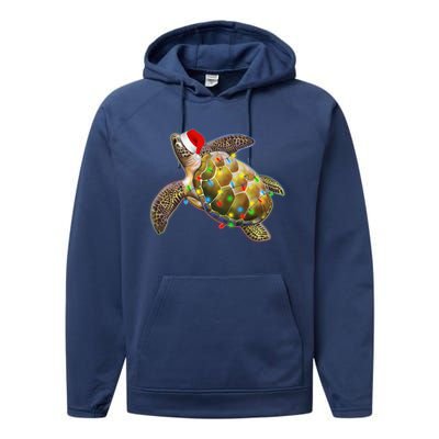 Cute Christmas Lights Santa Sea Turtle Performance Fleece Hoodie