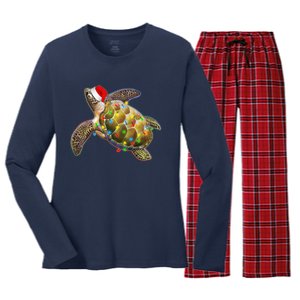 Cute Christmas Lights Santa Sea Turtle Women's Long Sleeve Flannel Pajama Set 