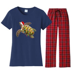 Cute Christmas Lights Santa Sea Turtle Women's Flannel Pajama Set