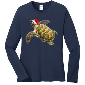 Cute Christmas Lights Santa Sea Turtle Ladies Long Sleeve Shirt