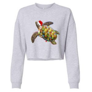 Cute Christmas Lights Santa Sea Turtle Cropped Pullover Crew