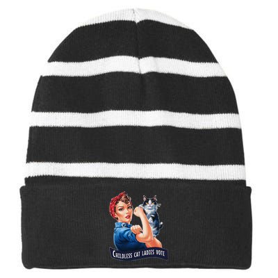 Childless Cat Ladies Vote Rosie The Riveter Striped Beanie with Solid Band