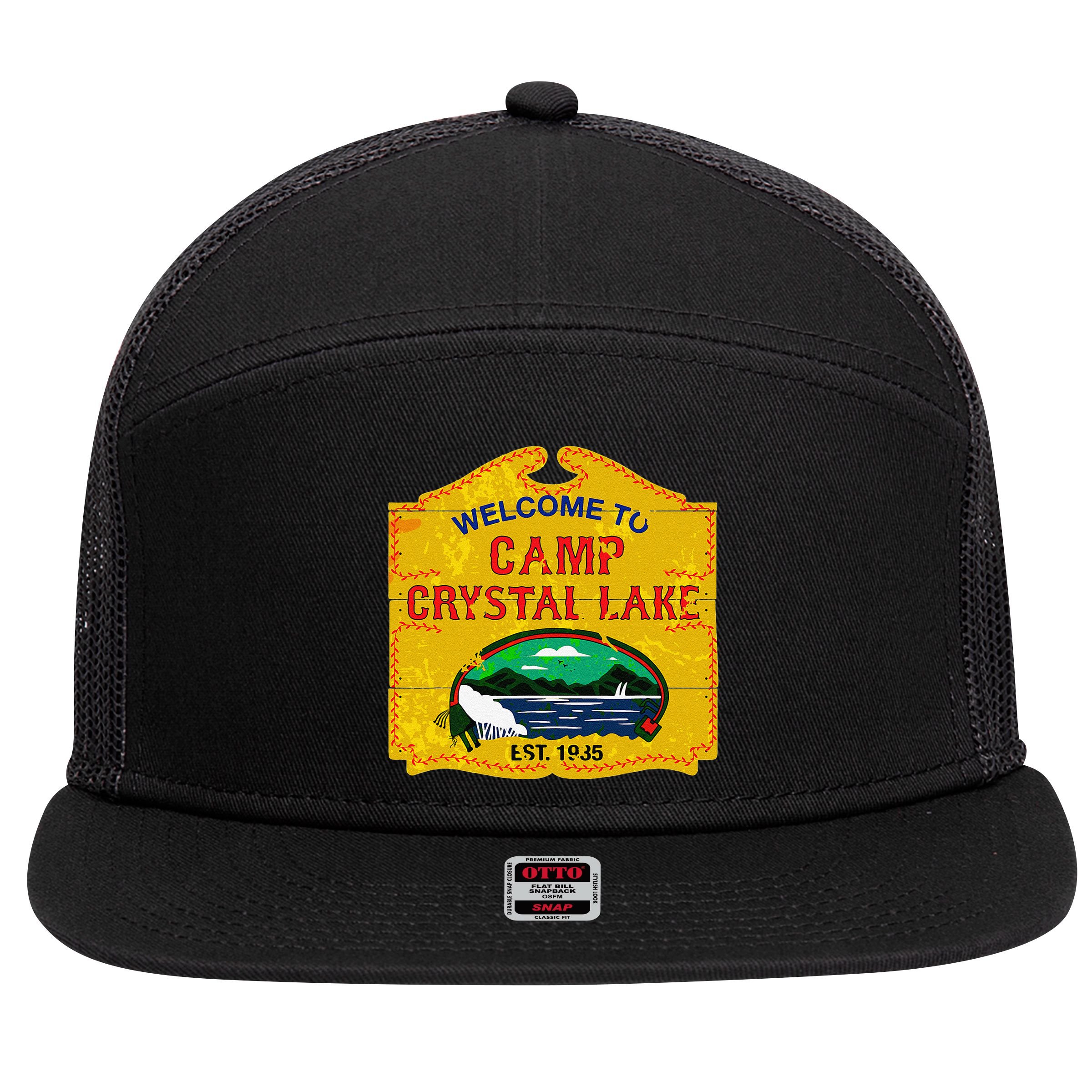 Camp Crystal Lake Halloween Funny Camping Graphic 7 Panel Mesh Trucker Snapback Hat