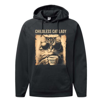 Childless Cat Lady Vintage Coffee Cat Performance Fleece Hoodie