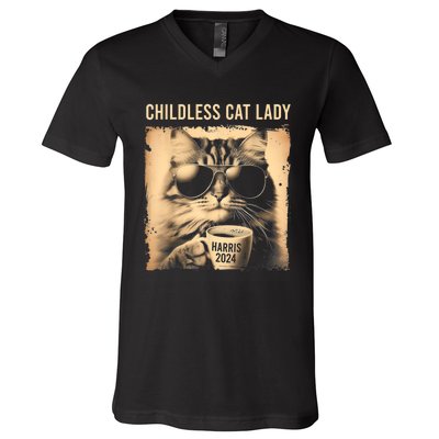 Childless Cat Lady Vintage Coffee Cat V-Neck T-Shirt