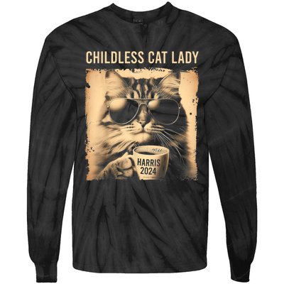 Childless Cat Lady Vintage Coffee Cat Tie-Dye Long Sleeve Shirt