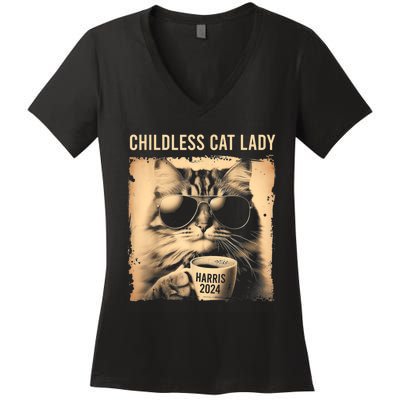 Childless Cat Lady Vintage Coffee Cat Women's V-Neck T-Shirt