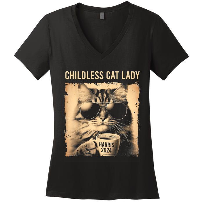 Childless Cat Lady Vintage Coffee Cat Women's V-Neck T-Shirt