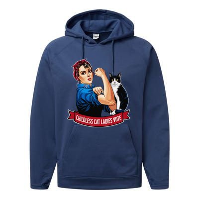 Childless Cat Ladies Vote Rosie The Riveter Performance Fleece Hoodie