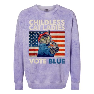 Childless Cat Ladies Vote Blue Vintage Cat Usa Flag Kamala Harris 2024 Colorblast Crewneck Sweatshirt