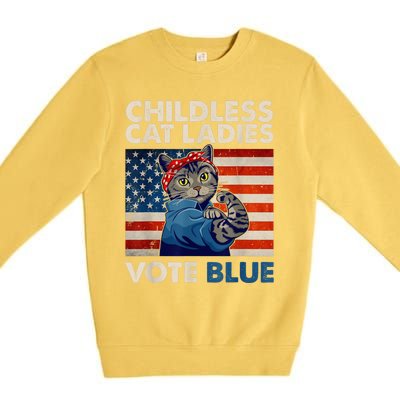 Childless Cat Ladies Vote Blue Vintage Cat Usa Flag Kamala Harris 2024 Premium Crewneck Sweatshirt