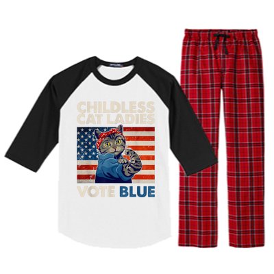 Childless Cat Ladies Vote Blue Vintage Cat Usa Flag Kamala Harris 2024 Raglan Sleeve Pajama Set