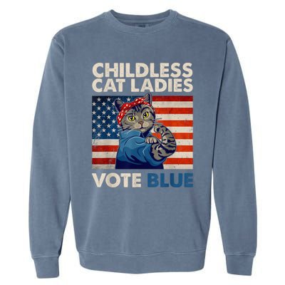 Childless Cat Ladies Vote Blue Vintage Cat Usa Flag Kamala Harris 2024 Garment-Dyed Sweatshirt