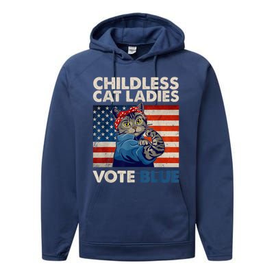 Childless Cat Ladies Vote Blue Vintage Cat Usa Flag Kamala Harris 2024 Performance Fleece Hoodie