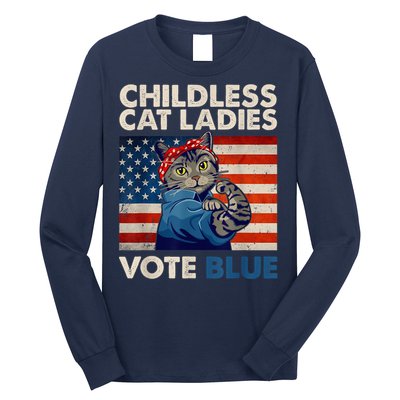 Childless Cat Ladies Vote Blue Vintage Cat Usa Flag Kamala Harris 2024 Long Sleeve Shirt