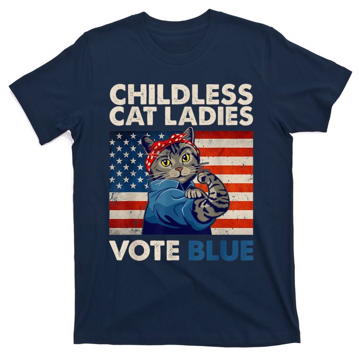 Childless Cat Ladies Vote Blue Vintage Cat Usa Flag Kamala Harris 2024 T-Shirt