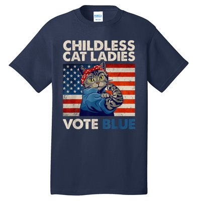 Childless Cat Ladies Vote Blue Vintage Cat Usa Flag Kamala Harris 2024 Tall T-Shirt