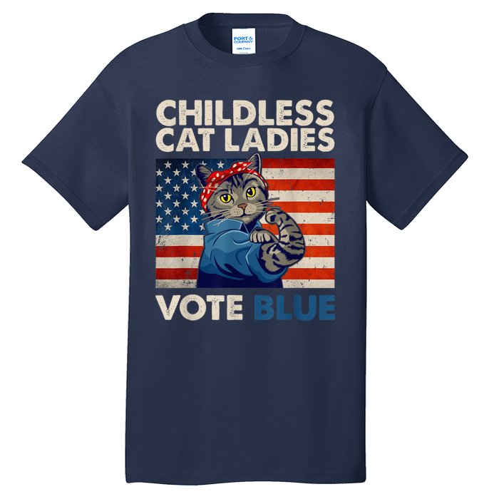 Childless Cat Ladies Vote Blue Vintage Cat Usa Flag Kamala Harris 2024 Tall T-Shirt