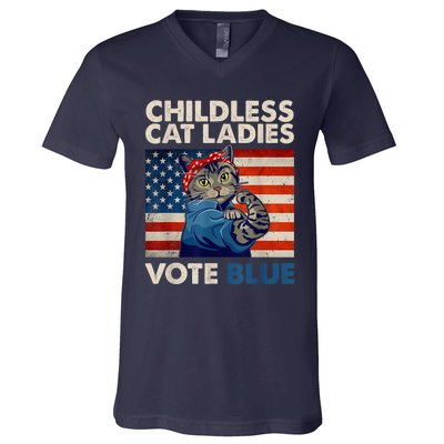 Childless Cat Ladies Vote Blue Vintage Cat Usa Flag Kamala Harris 2024 V-Neck T-Shirt