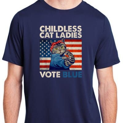 Childless Cat Ladies Vote Blue Vintage Cat Usa Flag Kamala Harris 2024 Adult ChromaSoft Performance T-Shirt