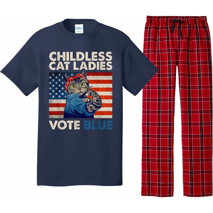 Childless Cat Ladies Vote Blue Vintage Cat Usa Flag Kamala Harris 2024 Pajama Set