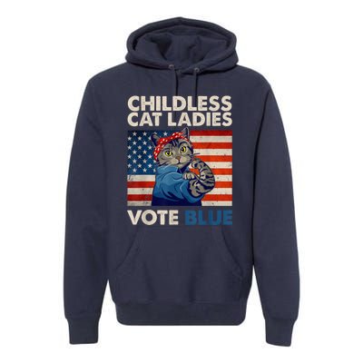 Childless Cat Ladies Vote Blue Vintage Cat Usa Flag Kamala Harris 2024 Premium Hoodie