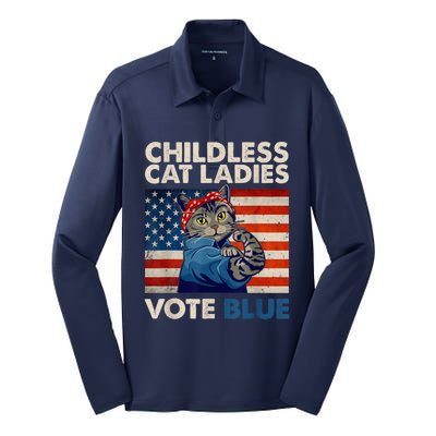 Childless Cat Ladies Vote Blue Vintage Cat Usa Flag Kamala Harris 2024 Silk Touch Performance Long Sleeve Polo