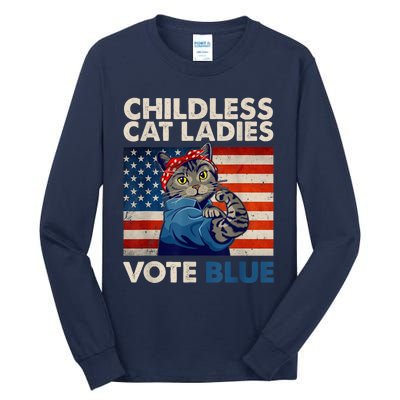 Childless Cat Ladies Vote Blue Vintage Cat Usa Flag Kamala Harris 2024 Tall Long Sleeve T-Shirt