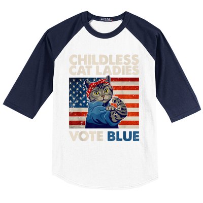 Childless Cat Ladies Vote Blue Vintage Cat Usa Flag Kamala Harris 2024 Baseball Sleeve Shirt