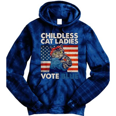 Childless Cat Ladies Vote Blue Vintage Cat Usa Flag Kamala Harris 2024 Tie Dye Hoodie