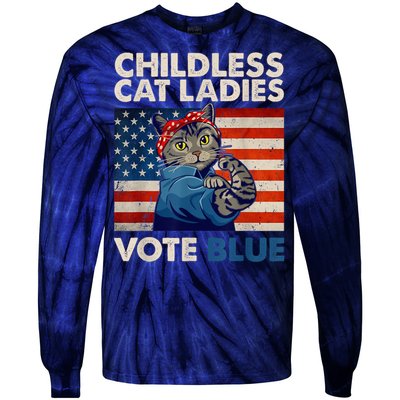 Childless Cat Ladies Vote Blue Vintage Cat Usa Flag Kamala Harris 2024 Tie-Dye Long Sleeve Shirt