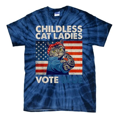 Childless Cat Ladies Vote Blue Vintage Cat Usa Flag Kamala Harris 2024 Tie-Dye T-Shirt