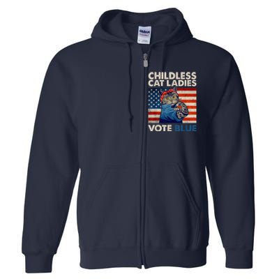 Childless Cat Ladies Vote Blue Vintage Cat Usa Flag Kamala Harris 2024 Full Zip Hoodie