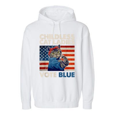 Childless Cat Ladies Vote Blue Vintage Cat Usa Flag Kamala Harris 2024 Garment-Dyed Fleece Hoodie