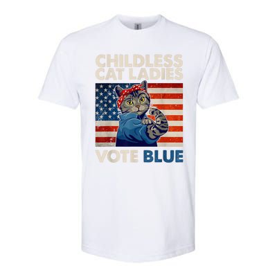 Childless Cat Ladies Vote Blue Vintage Cat Usa Flag Kamala Harris 2024 Softstyle CVC T-Shirt